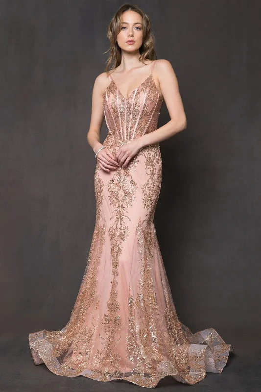 cocktail dresses with floral prints for daytime events --Glitter Print V-Neck Mermaid Gown by Amelia Couture BZ015