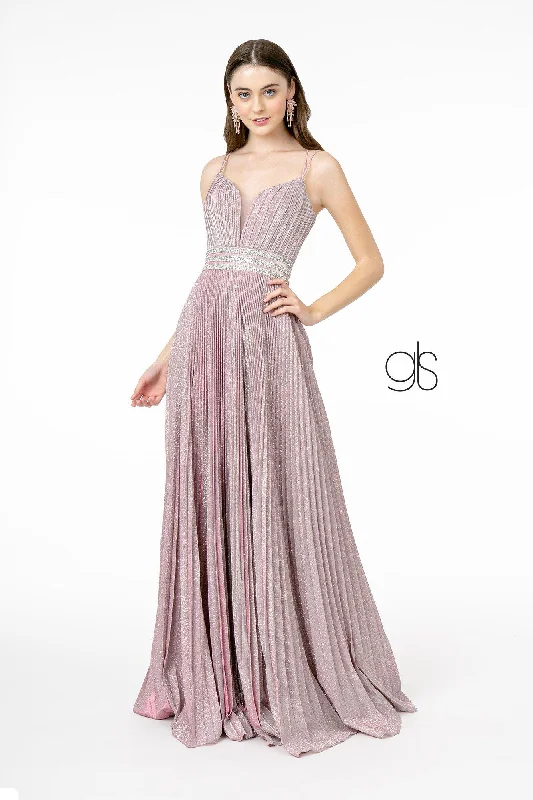 cocktail dresses with beaded bodices for sparkle --Pleated Long A-Line Metallic Glitter Dress by Elizabeth K GL2905