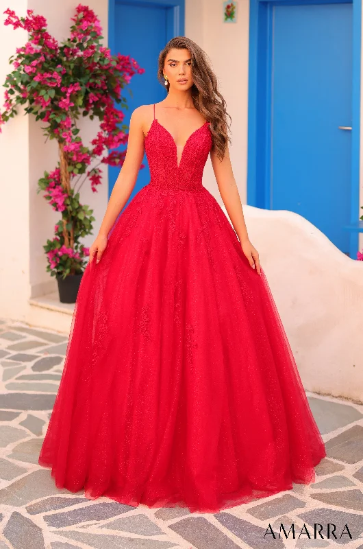 formal dresses made from recycled polyester for eco-conscious buyers --Embroidered V-Neck A-line Gown by Amarra 88410