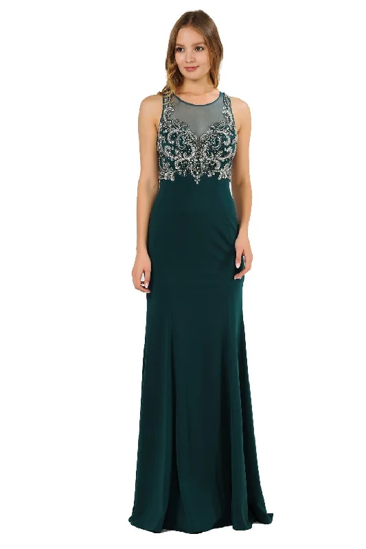 bridesmaid dresses with ruched waistbands for plus size --Long Jersey Dress with Sheer Embroidered Bodice by Poly USA 8348
