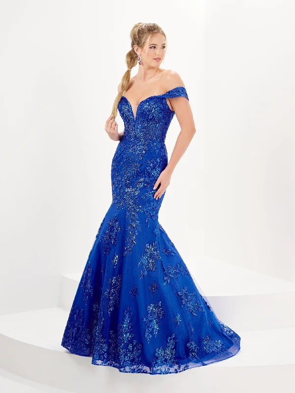 cocktail dresses with flared skirts for playful vibe --Glitter Print Off Shoulder Corset Gown by Tiffany Designs 16080