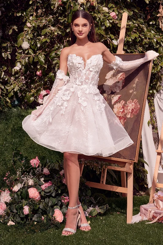 Wedding guest dresses that complement gold jewelry -Lace Short Strapless Glove Bridal Dress by Ladivine WL020