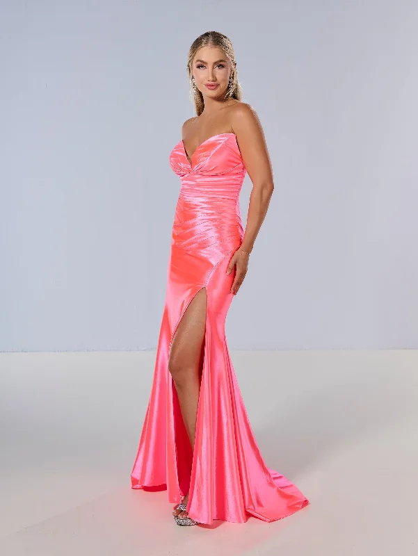 formal dresses with off-shoulder sleeves for summer events --Jersey Fitted Strapless Slit Gown by Tiffany Designs 16182