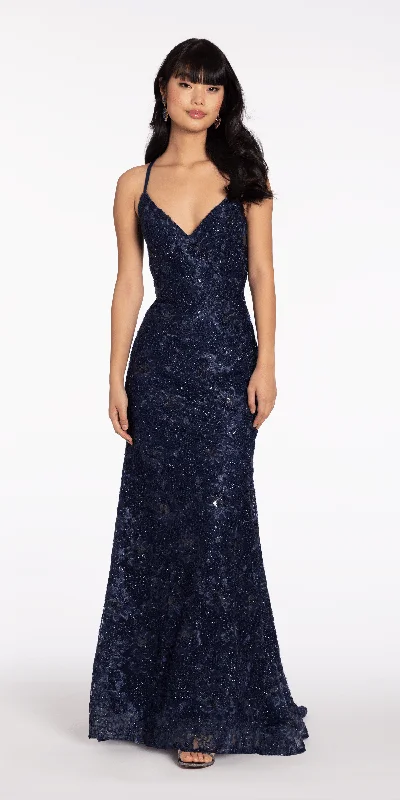 formal dresses for tall women with high slits --3D Floral Embroidered Strappy Back Trumpet Dress with Sweep Train