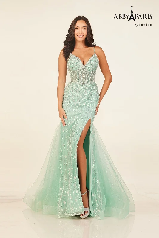 cocktail dresses with floral appliques for spring vibes --Beaded Fitted V-Neck Slit Gown by Abby Paris 90334