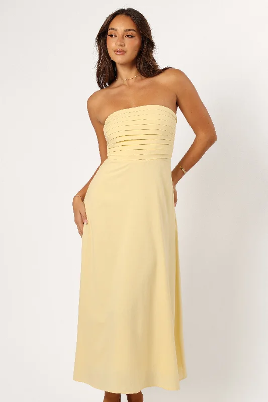 cocktail dresses with open shoulder designs for summer --Kenna Strapless Maxi Dress - Butter Yellow