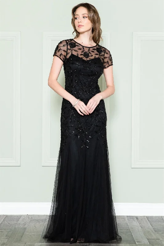 Classic A-line dresses for wedding guest outfits -Beaded Short Sleeve Mesh Gown by Amelia Couture IN002