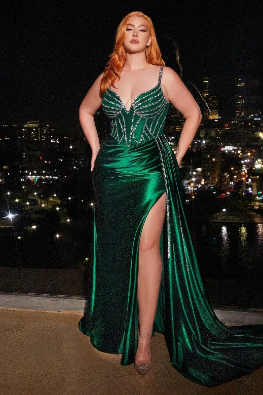 cocktail dresses with satin finish for luxurious look --Curve Beaded Sleeveless Satin Slit Gown by Ladivine CDS440C