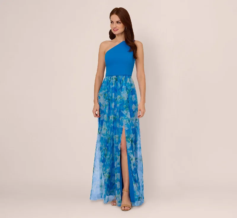 formal dresses for winter weddings with velvet and long sleeves --One Shoulder Watercolor Combo Gown In Blue Multi