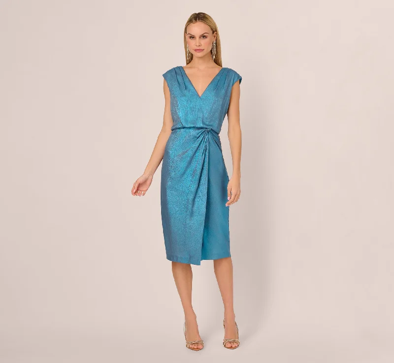 Wedding guest dresses with pockets for practicality -Foil Blouson Midi Dress With Faux Wrap Skirt In Ocean Dream