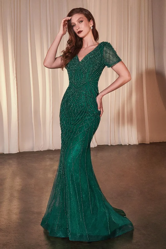 Wedding guest dresses with shimmer for evening events -Beaded Fitted Short Sleeve Gown by Ladivine CC4019
