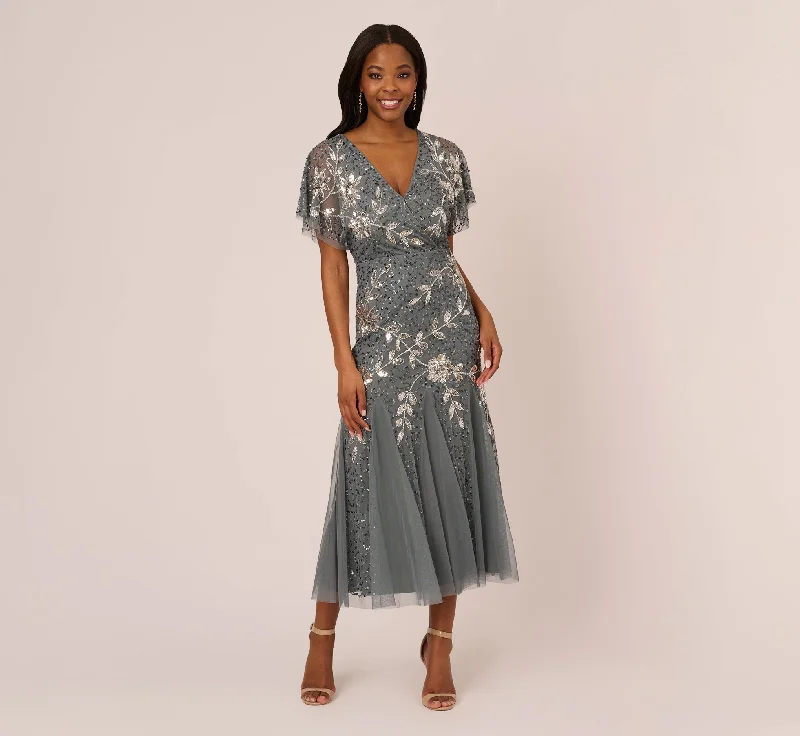 Wedding guest dresses with high-low hemlines for modern flair -Vine Beaded Ankle Length Gown With Flutter Sleeves In Pewter Silver