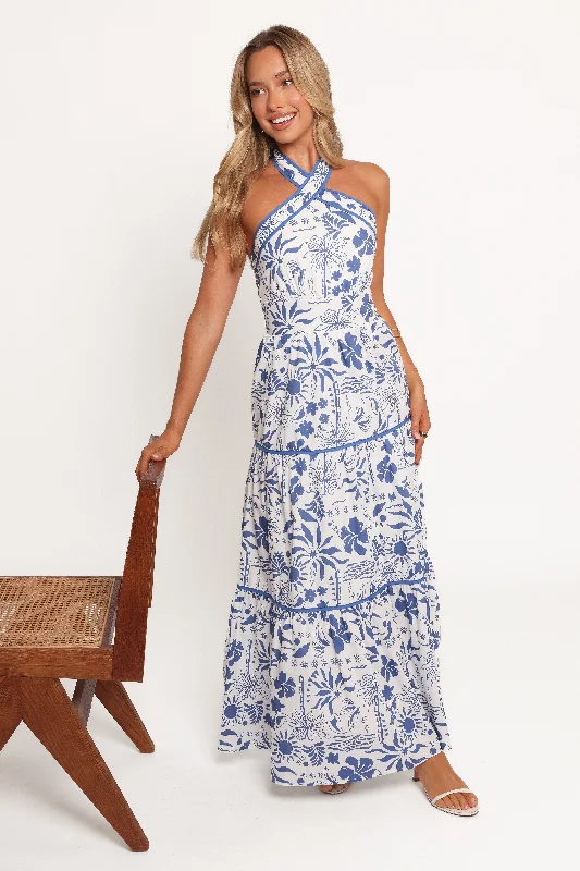 Bridesmaid party dresses for chic looks -Fernanda Halterneck Maxi Dress - Blue Tropical