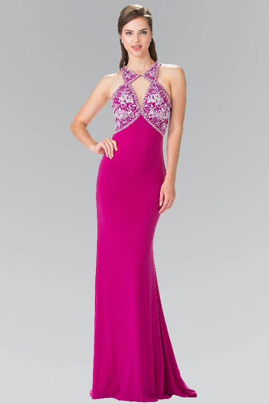 cocktail dresses with halter tops for chic style --Long Beaded Halter Dress with Cutouts by Elizabeth K GL2355