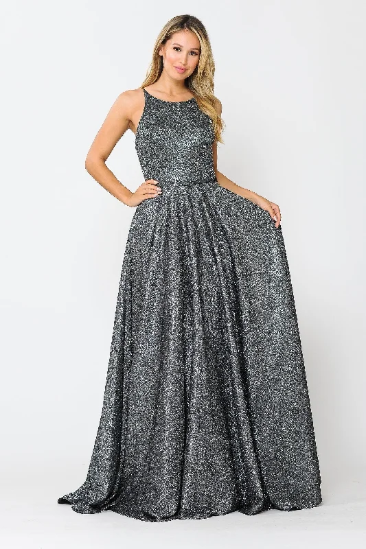 cocktail dresses with pleated bodices for texture --Long A-line Glitter Dress with Corset Back by Poly USA 8436
