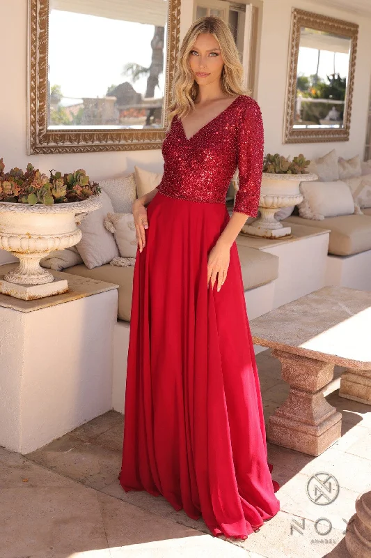 Wedding guest dresses with halter necklines for added style -Sequin Bodice 3/4 Sleeve A-line Gown by Nox Anabel MF103