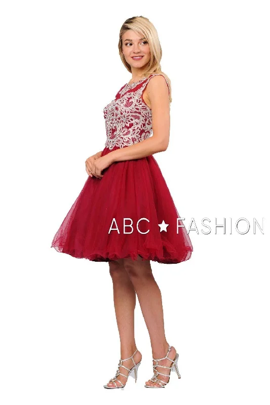 Trendy graduation dresses for a chic, contemporary look -Embroidered Short Ruffled Dress with Corset Back by Poly USA 8302