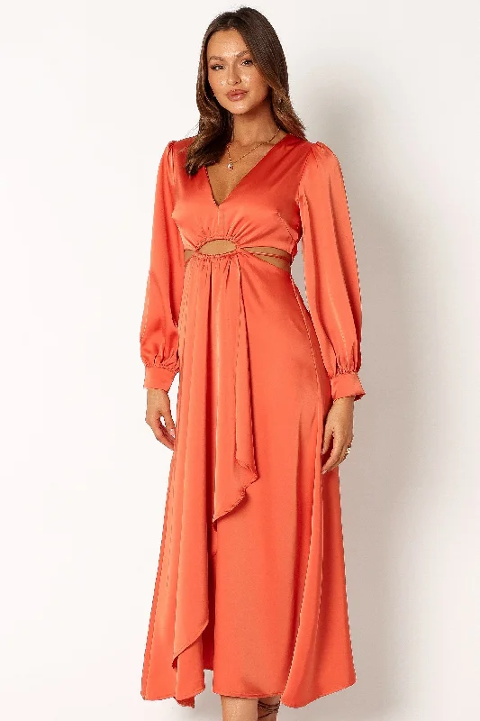 Stunning wedding guest dresses with delicate floral appliqué -Peyton Long Sleeve Midi Dress - Orange