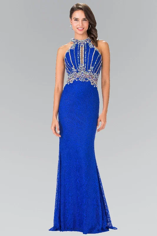 cocktail dresses with lace backs for intricate detail --Beaded Lace Halter Dress with Illusion Waistline by Elizabeth K GL2275