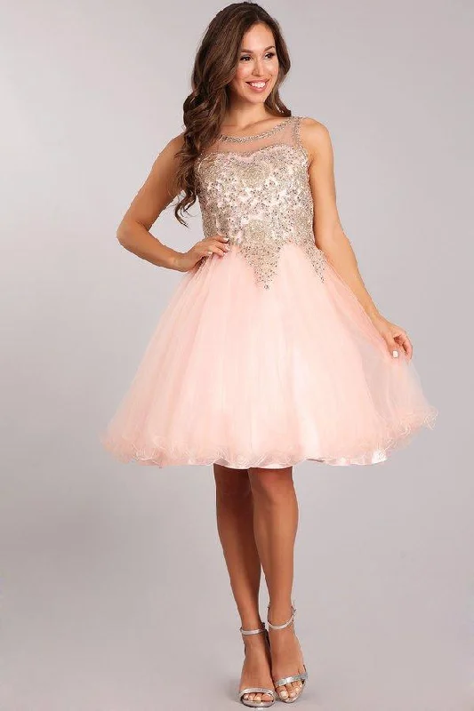 Stunning embroidered dresses for classy cocktail parties -Short Ruffled Dress with Gold Applique Top by Cinderella Couture 5017