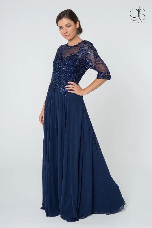 Perfect wedding guest dresses for beach weddings and celebrations -Long Embroidered Dress with Mid-Sleeves by Elizabeth K GL2812