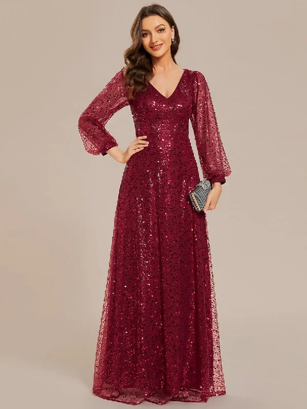 Comfortable dresses for long cocktail events -Elegant waisted chiffon V-neck long sleeve guest dress wholesale