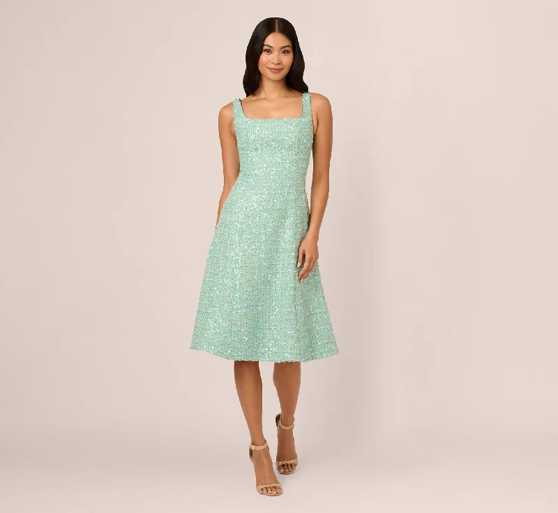 Wedding guest dresses in luxurious fabrics like velvet and satin -Fit And Flare Sequin Boucle Dress In Sage