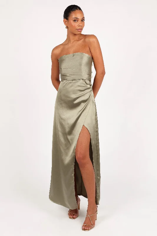 formal dresses for tall women with empire waistlines --Kara Strapless Maxi Dress - Olive