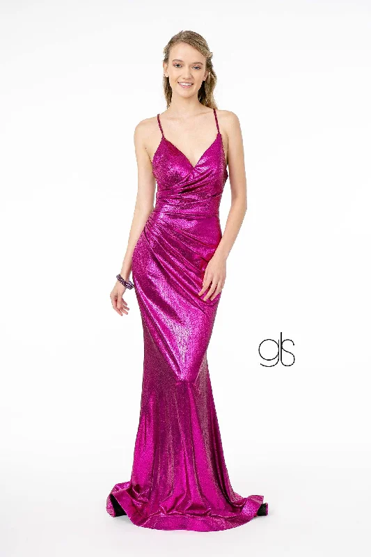cocktail dresses with mesh inserts for edgy style --V-Neck Metallic Mermaid Gown with Corset Back by Elizabeth K GL2943