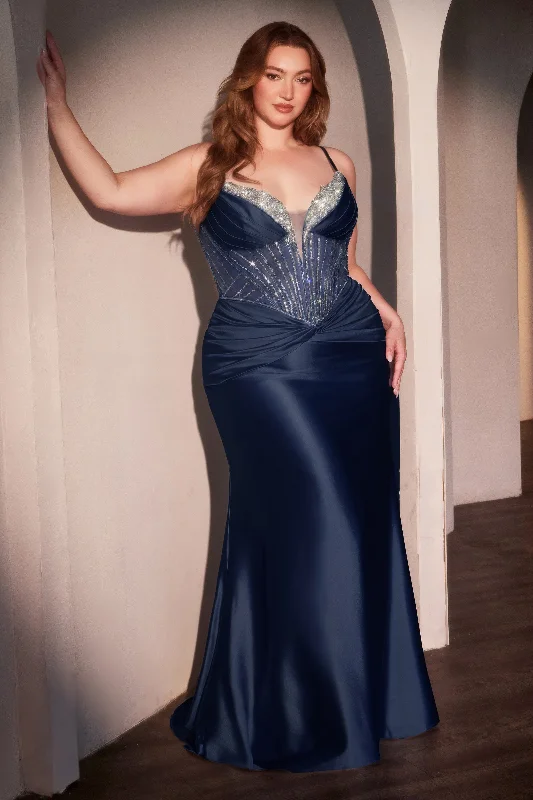 cocktail dresses with puffed sleeves for vintage flair --Plus Size Beaded Satin V-Neck Gown by Ladivine CD752C