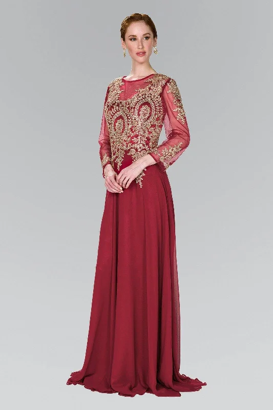 Wedding guest dresses that are perfect for a cocktail hour -Applique Long Sleeve Gown by Elizabeth K GL1368
