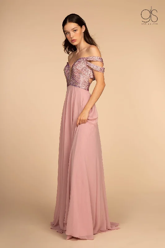 cocktail dresses with satin sashes for waist accentuation --Long Off Shoulder Dress with Jeweled Bodice by Elizabeth K GL2527