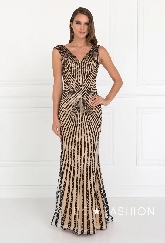 cocktail dresses with velvet finishes for winter warmth --Long Sleeveless Beaded V-Neck Dress by Elizabeth K GL2053