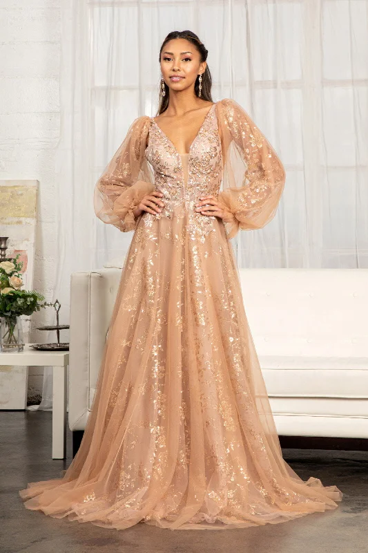 Wedding guest dresses with an elegant, timeless appeal -Puff Sleeve Glitter Print Gown by Elizabeth K GL3001