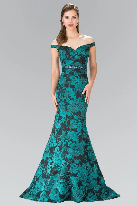 formal dresses with embroidered beadwork for luxury appeal --Long Green Floral Print Off The Shoulder Dress by Elizabeth K GL2245