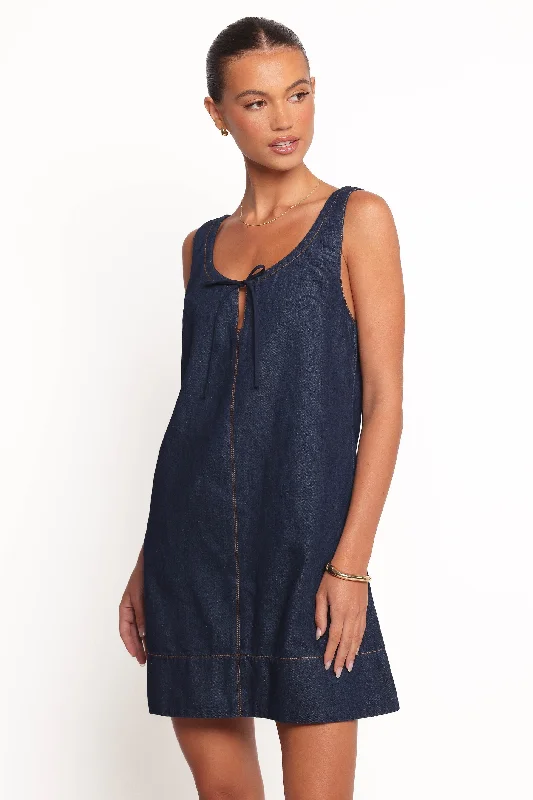 Affordable spring dresses with vintage-inspired prints -Azen Mini Dress - Dark Denim