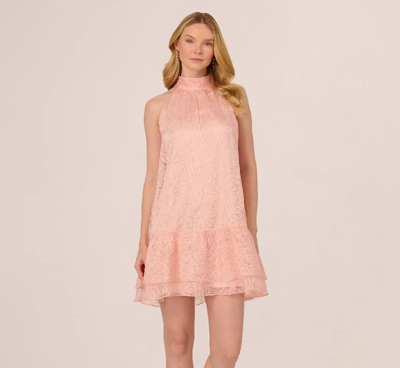 Wedding guest dresses for both day and night celebrations -Halter Burnout Floral Flounce Trapeze Dress In Blush