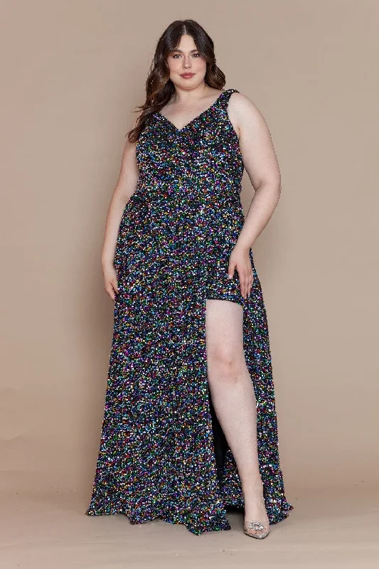 Chic and simple wedding guest dresses for minimalists -Plus Size Long Sequin V-Neck Dress by Poly USA W1128