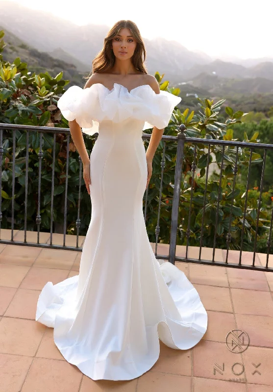 cocktail dresses with beaded straps for sparkle --Ruffled Off Shoulder Bridal Mermaid Gown by Nox Anabel JW984