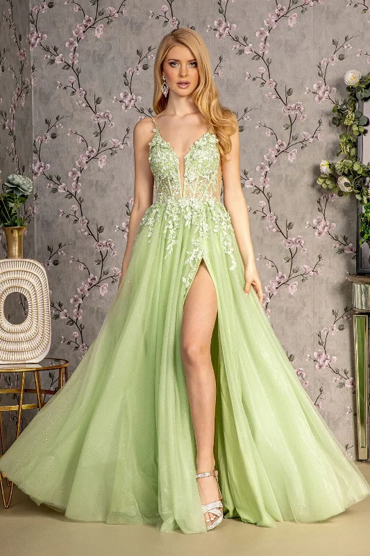 formal dresses with adjustable straps for custom fit --Applique Sleeveless A-line Slit Gown by GLS Gloria GL3202