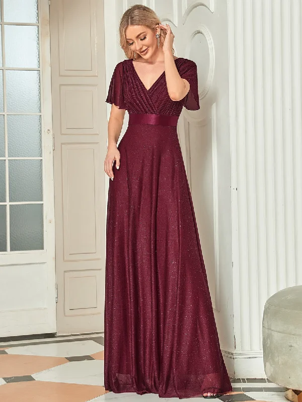 Retro party dresses for vintage-themed events -Deep V Neck Ruffles Sleeve A Line Wholesale Evening Dresses