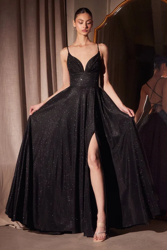 formal dresses for cocktail receptions with fitted bodices --Glitter V-Neck A-line Slit Gown by Amoris T214
