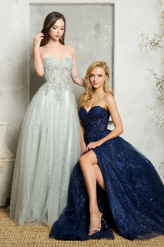 formal dresses with adjustable straps for custom fit --Embroidered Strapless Glitter A-line Slit Gown by Juno A1029