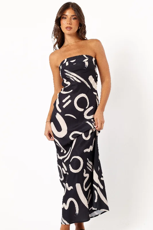 formal dresses for beach weddings with lightweight fabrics --Remmie Strapless Maxi Dress - Black/White