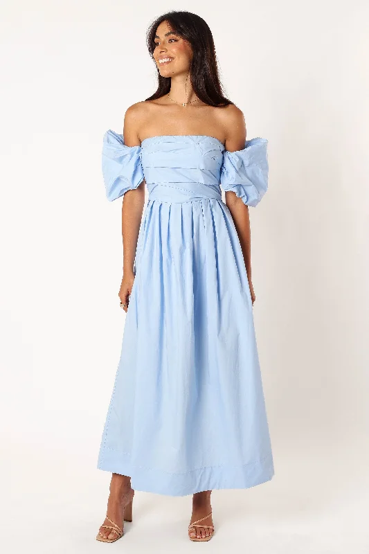 cocktail dresses with off-shoulder ruffles for feminine vibe --Solana Off Shoulder Midi Dress - Blue