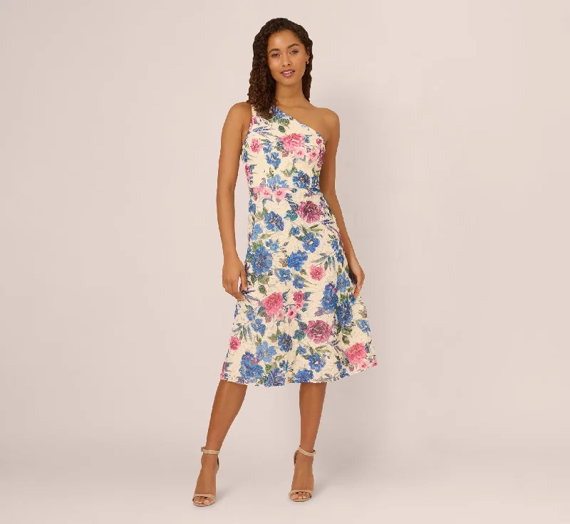 Best wedding guest dresses for an evening gala or celebration -One Shoulder Floral Soutache Midi Dress In Alabaster Multi