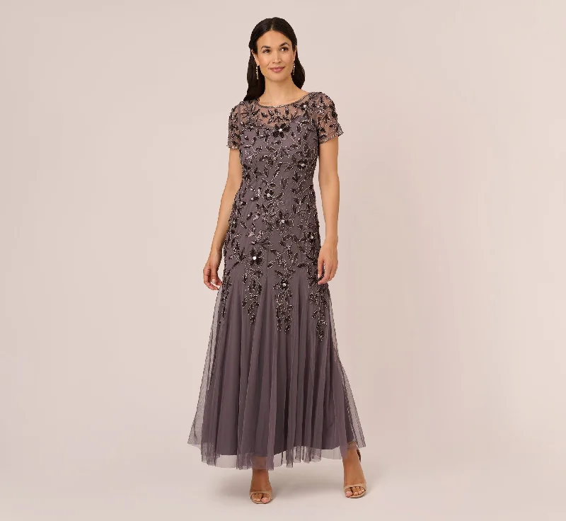 formal dresses with sheer panels for modern style --Hand Beaded Short Sleeve Floral Godet Gown In Moonscape