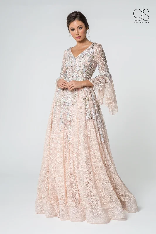 cocktail dresses with pleated bodices for texture --Embroidered Lace Ballgown with Bell Sleeves by Elizabeth K GL1592