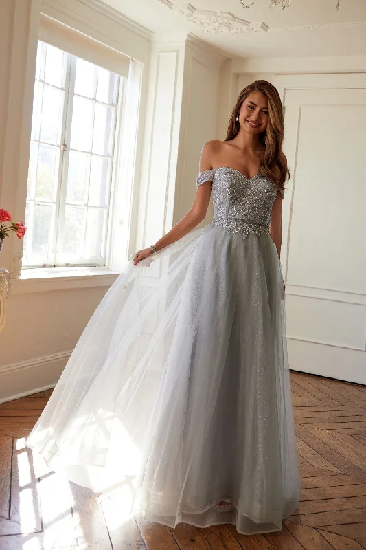 formal dresses with wrap design for adjustable fit --Beaded Off Shoulder A-line Gown by Juliet 287