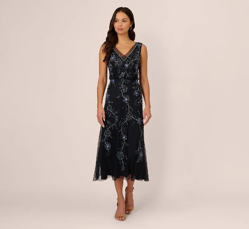 Elegant wedding guest dresses for formal evening events -Sleeveless Beaded Blouson Midi Dress In Midnight Multi